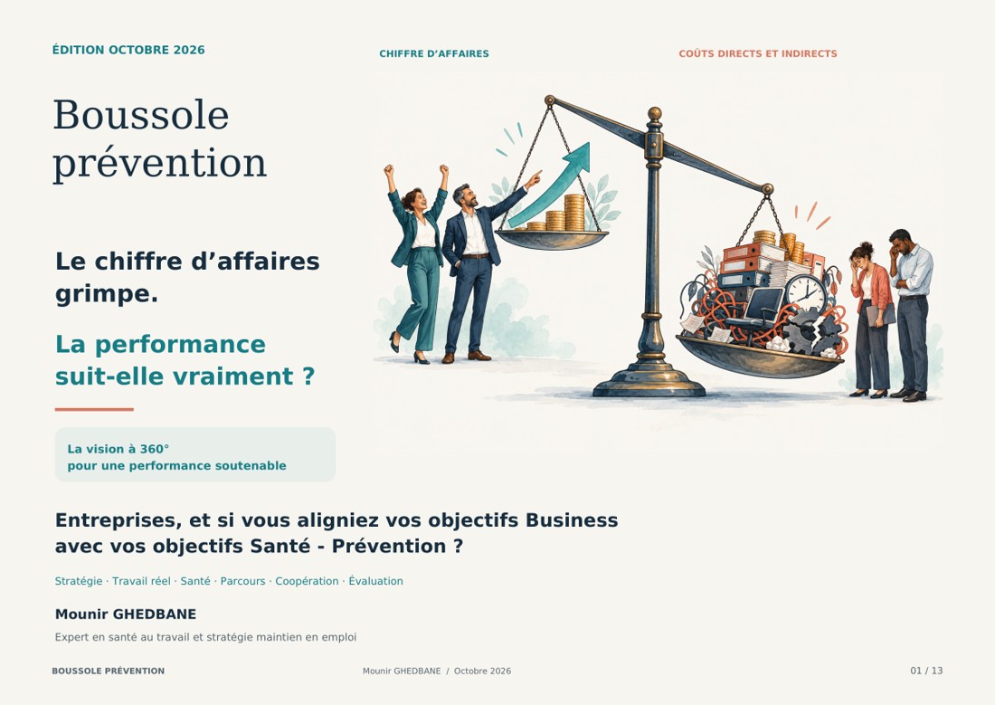 Couverture de la Boussole prévention : une balance penche sous les coûts directs et indirects face à la hausse du chiffre d’affaires.